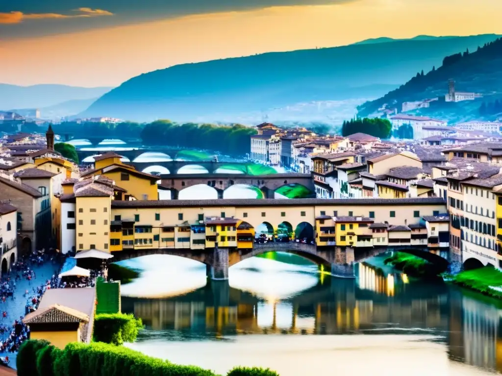 Puentes medievales impresionantes del mundo: Detalle del animado atardecer en el icónico Ponte Vecchio de Florencia, con sus coloridas tiendas y bulliciosa actividad