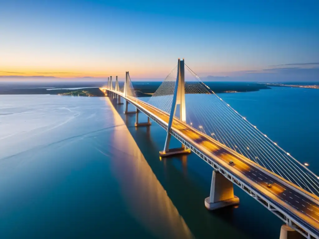 Puentes mega largos mundo: vista aérea del puente más largo del mundo sobre un vasto cuerpo de agua, con diseño moderno y elegante