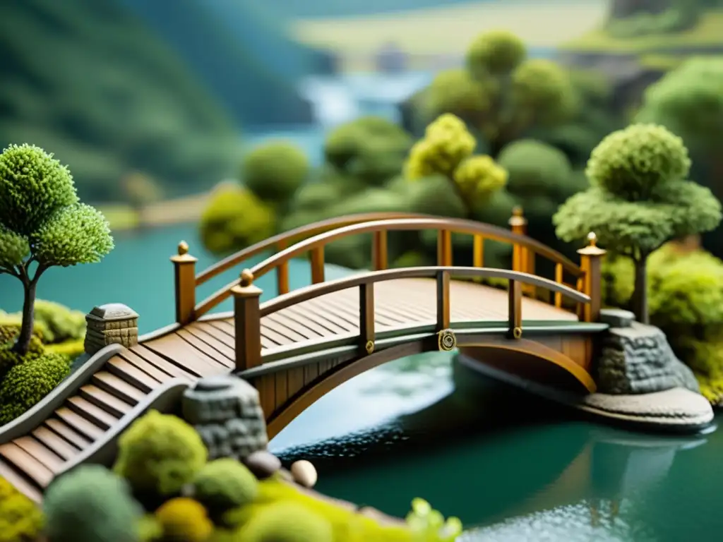 Miniatura de puente: detalle y realismo en 8k Puentes en miniatura modelismo: Una detallada maqueta de puente en un entorno natural, con efectos de envejecimiento y cuidado trabajo de pintura