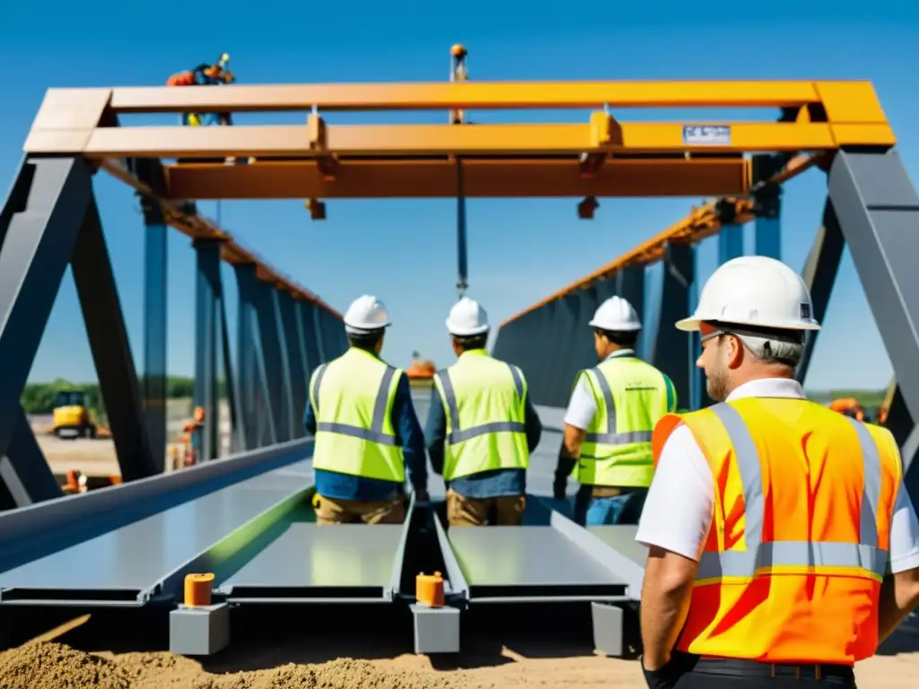 Puentes modulares construcción eficiente: equipo de trabajadores ensamblando un puente con precisión bajo la cálida luz del sol