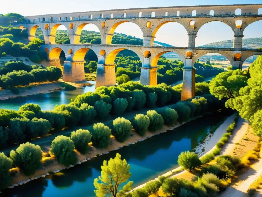 Puentes monumentales impresionantes historia: Antiguo acueducto romano Pont du Gard sobre el río Gardon al atardecer, una escena eterna y asombrosa