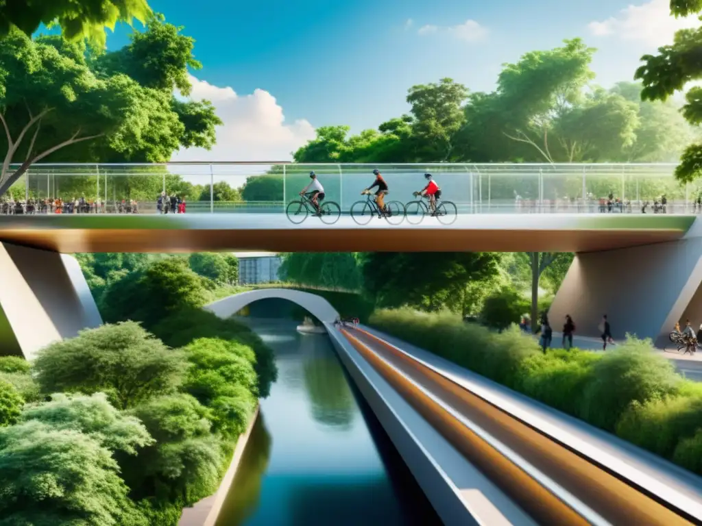 Puentes peatonales y ciclovías sostenibles en entorno urbano, integrando naturaleza y arquitectura moderna