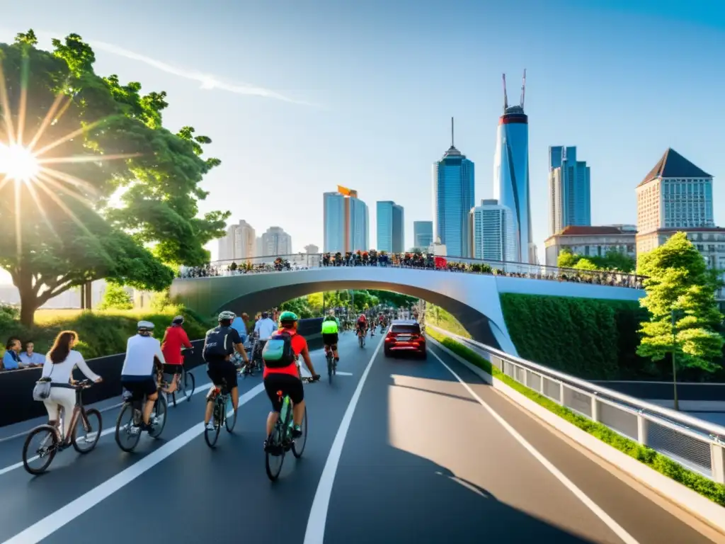 Puentes peatonales y ciclovías sostenibles en una bulliciosa ciudad moderna, con un puente adornado de vegetación y gente disfrutando del paseo