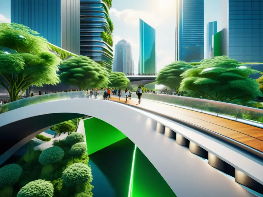 Puentes peatonales inteligentes sostenibles en una ciudad futurista, con diseño ecoamigable y movilidad urbana integrada