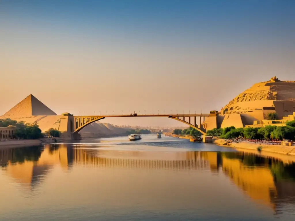 Puentes de Asuán Egipto historia: Puente magnífico sobre el Nilo al atardecer, reflejos dorados y barcas tradicionales