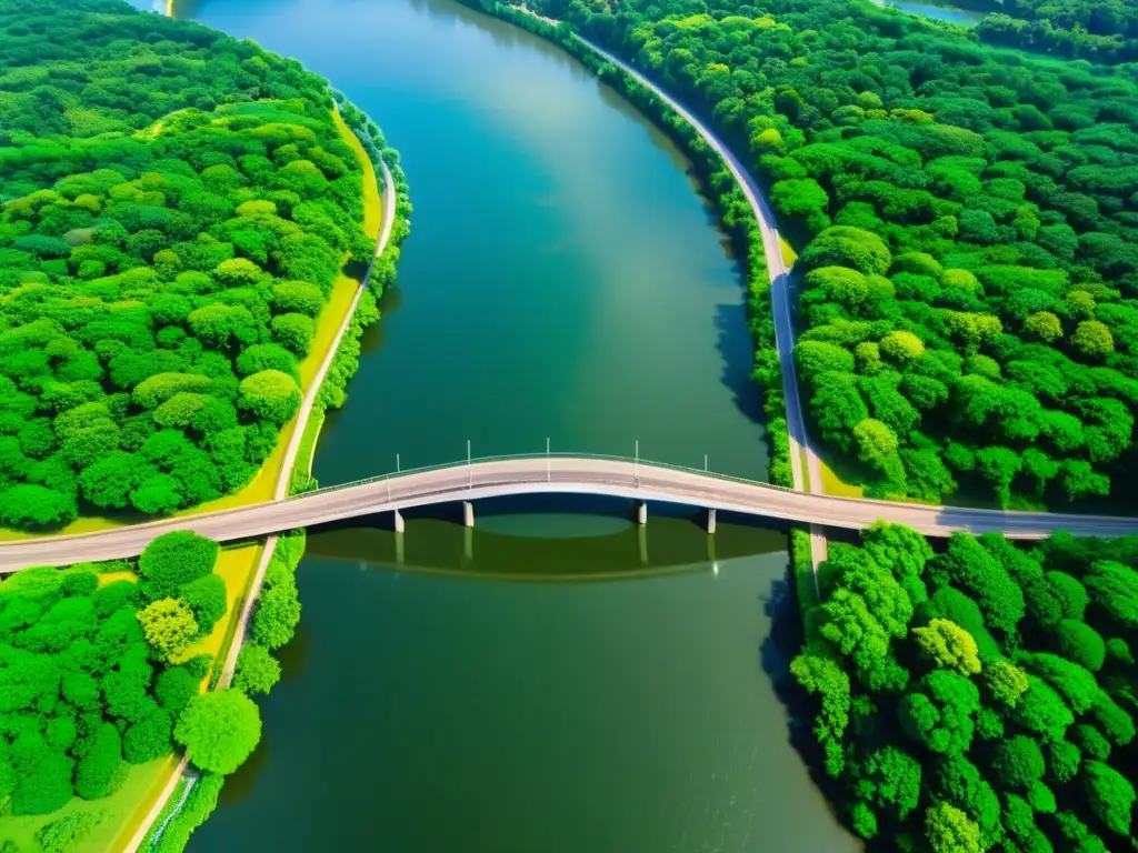 Puentes respetuosos del ciclo hidrológico se entrelazan en un paisaje sereno, destacando la armonía entre infraestructura y naturaleza