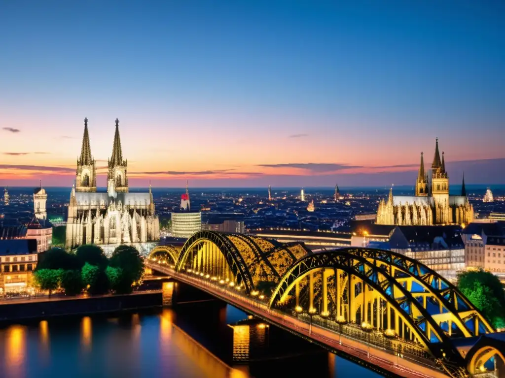 Puentes románticos para propuestas inolvidables: Atardecer en el Puente Hohenzollern, Colonia, Alemania, con candados de amor y la catedral al fondo