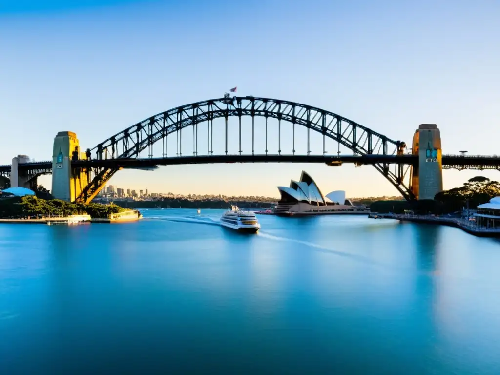 Puentes como símbolos de paz en Oceanía: El amanecer baña de oro el icónico puente de Sydney sobre aguas tranquilas