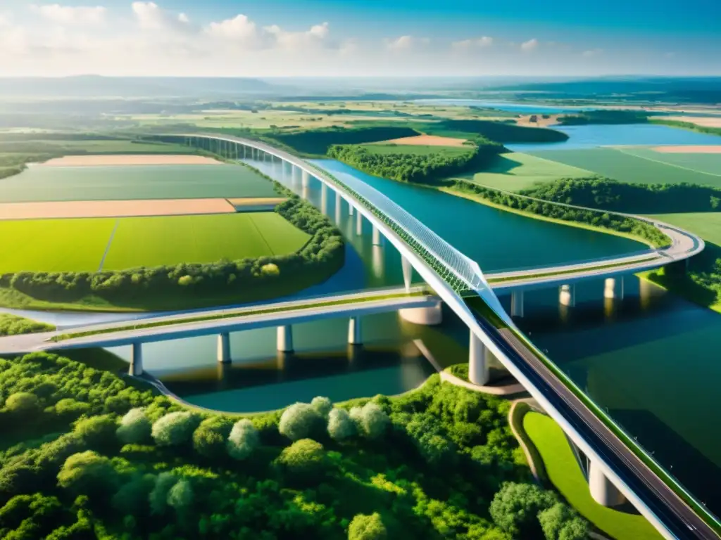 Puentes sostenibles diseño futuro: Un puente moderno y sostenible se eleva sobre un paisaje exuberante, bañado por la luz del sol