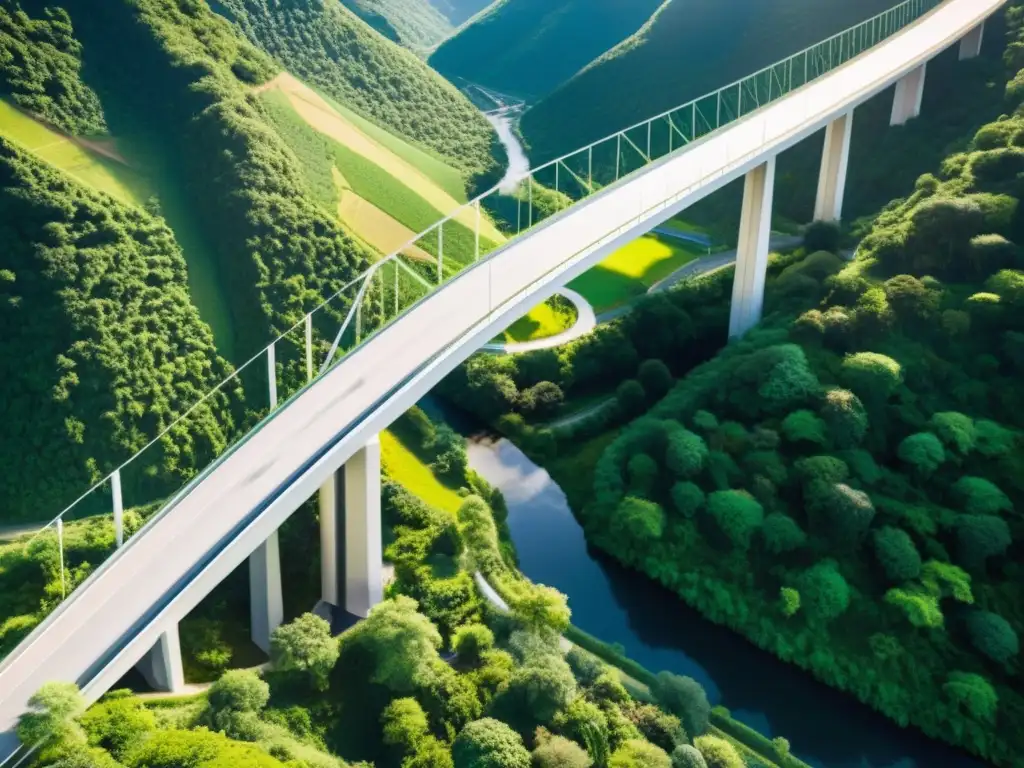 Puentes sustentables diseño ecológico: Puente moderno y ecológico en un valle exuberante, fusionando innovación con naturaleza