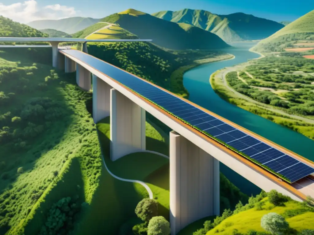 Puentes sustentables diseño ecológico: Imagen detallada de un puente moderno, ecoamigable, integrado armoniosamente en un valle exuberante