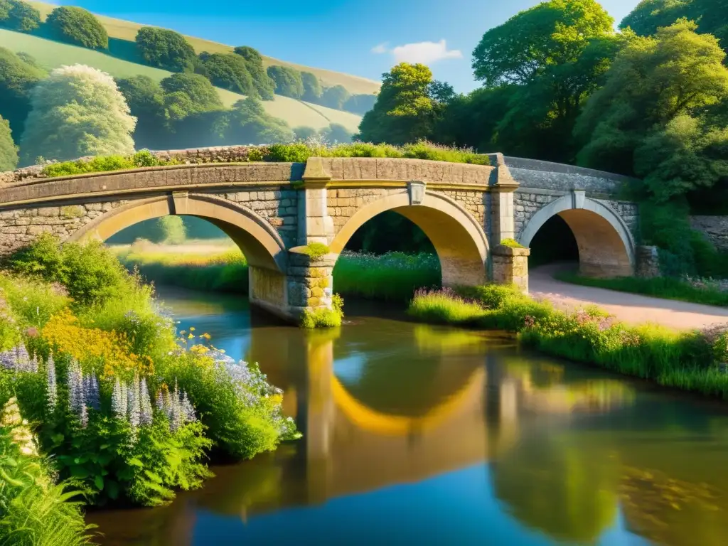 Evolución de puentes a través de siglos: un antiguo puente de piedra sobre un río tranquilo, rodeado de exuberante vegetación y flores silvestres