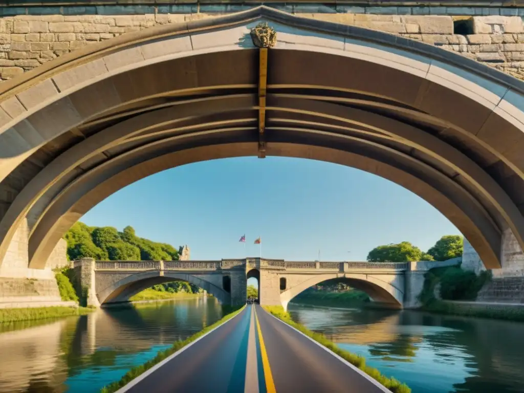 Evolución de puentes a través del tiempo: imagen documental de un puente histórico mostrando su aspecto pasado y actual, resaltando los cambios arquitectónicos y materiales a lo largo de los siglos