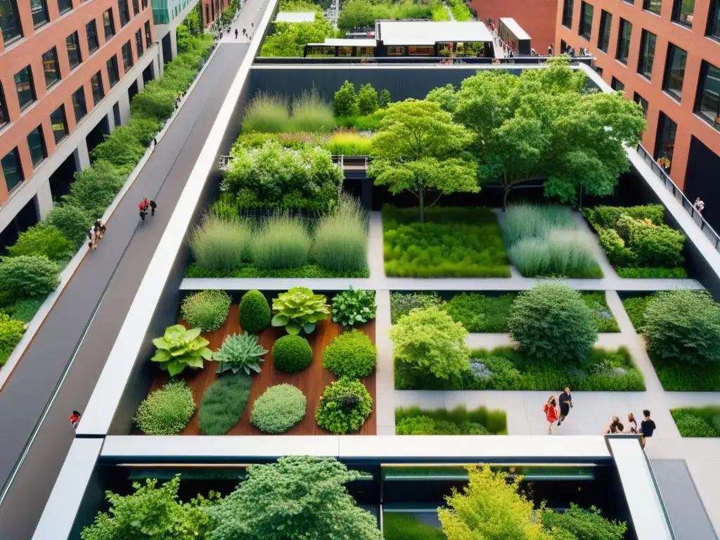 Puentes verdes impresionantes sostenibles: Elevado parque urbano en Nueva York con vegetación exuberante y diseño arquitectónico moderno, contrastando con el horizonte de la ciudad