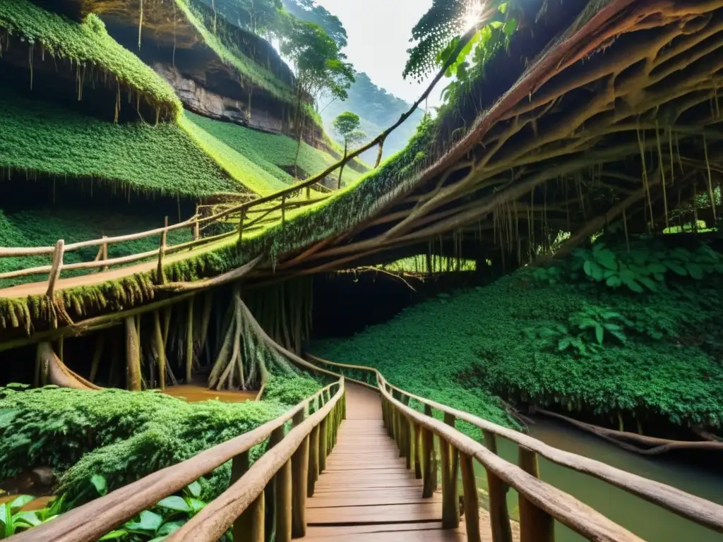 Puentes vivientes arquitectura natural: Intrincada estructura de raíces en Meghalaya, con senderos y puentes formados por árboles antiguos