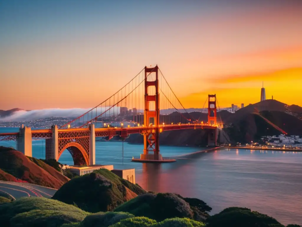 Puesta de sol sobre el Puente Golden Gate en San Francisco, reflejándose en el agua