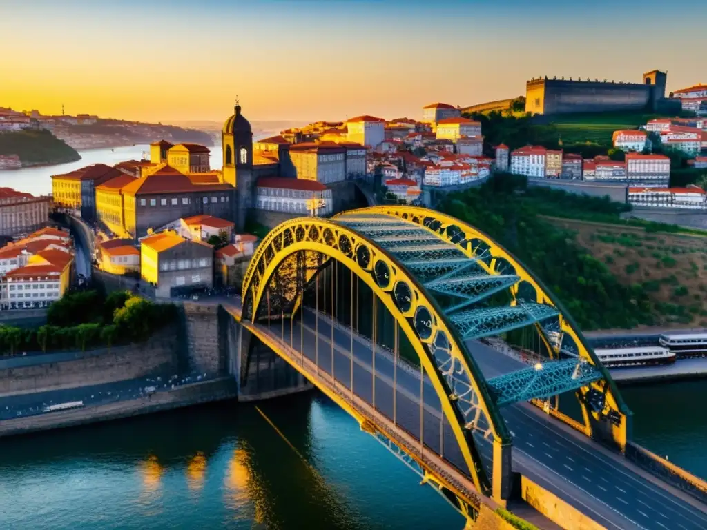 Puesta de sol dorada sobre el Puente Dom Luis I en Oporto, reflejado en el río Douro