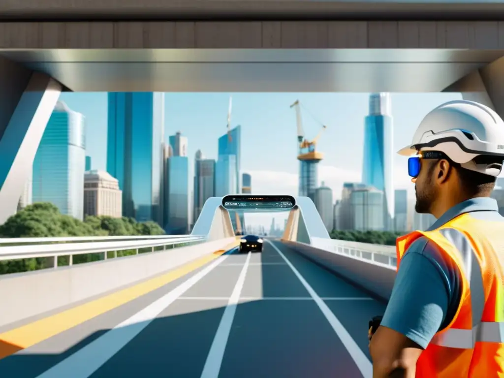 Realidad Aumentada en construcción de puentes: Integración futurista de AR en diseño y construcción de un puente, con ingenieros y trabajadores colaborando en tiempo real