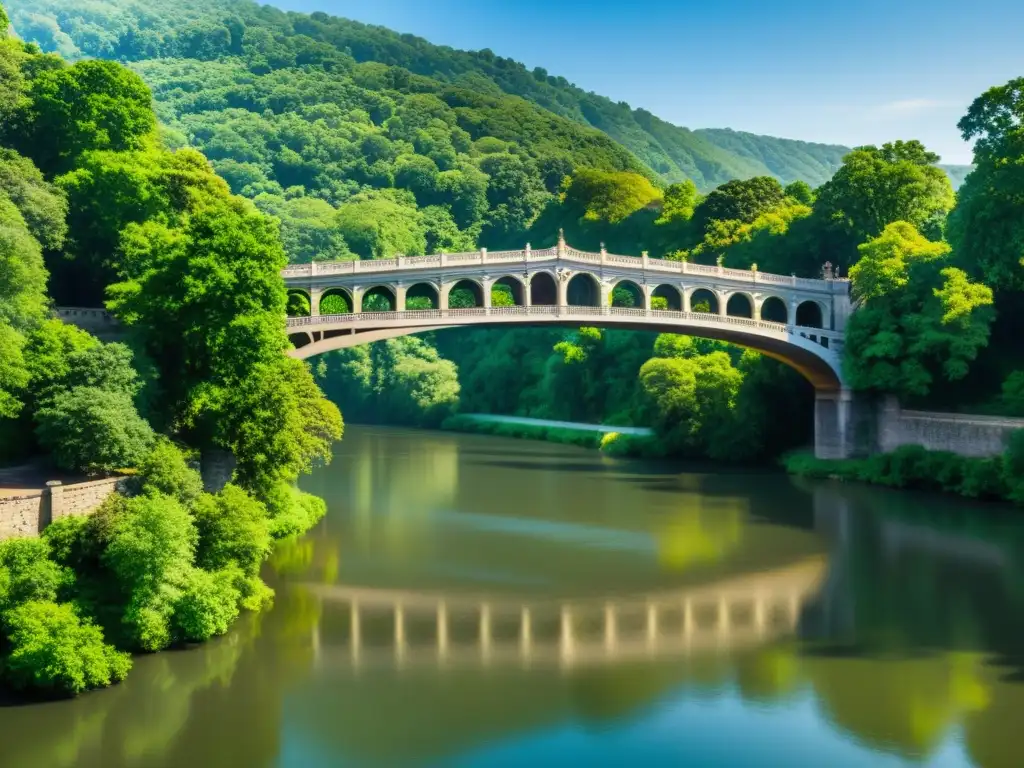 Realidad aumentada en puentes icónicos: Imagen detallada de un puente histórico, con arquitectura impresionante y entorno natural exuberante