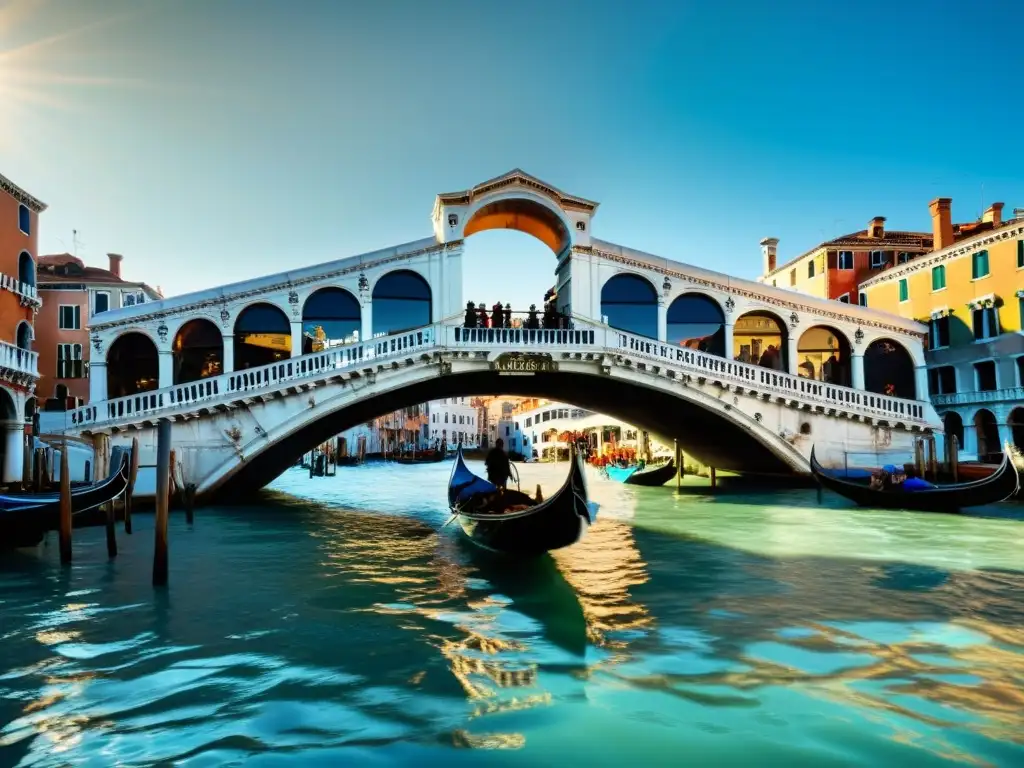 Realidad aumentada en puentes icónicos: El cálido brillo del sol sobre el Puente de Rialto, Venecia, captura la belleza atemporal de la ciudad