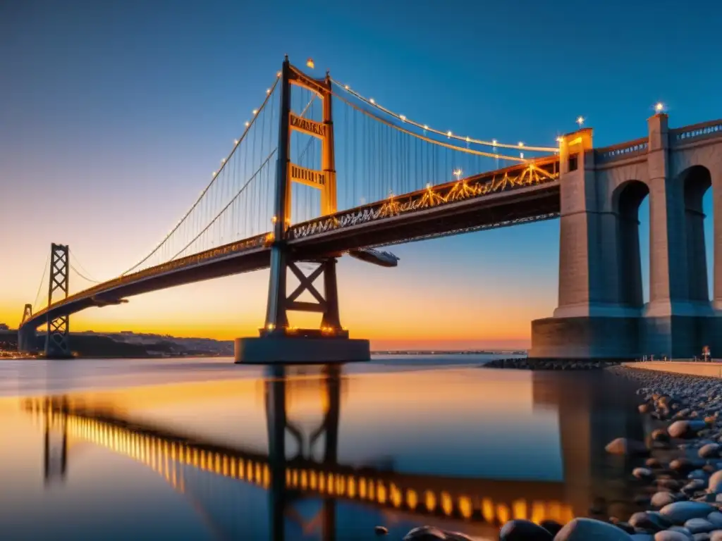 Realidad aumentada para puentes icónicos: Majestuoso puente bañado por el cálido resplandor del atardecer, reflejándose en aguas tranquilas