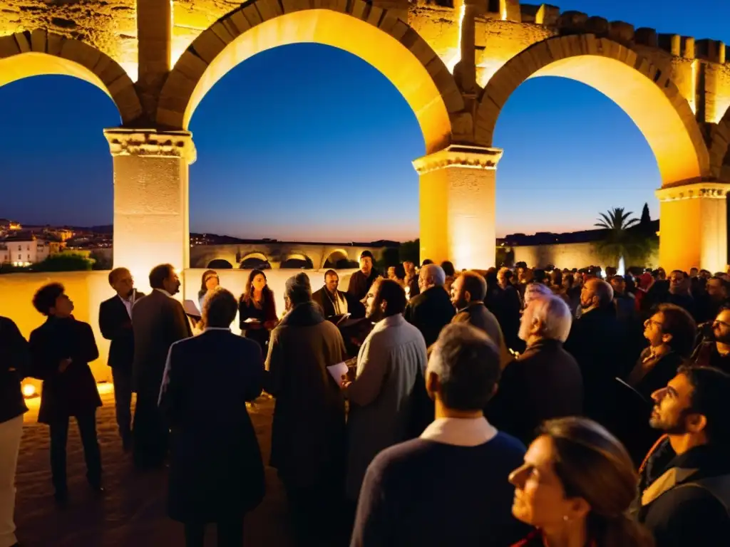 Recitales de poesía en el Puente Romano de Córdoba: poetas apasionados recitan bajo las cálidas luces, mientras el público escucha atentamente