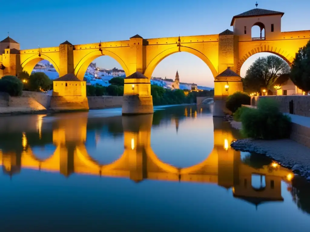 Recitales de poesía puente romano: Atardecer dorado sobre el Puente Romano de Córdoba, con el río Guadalquivir y figuras silueteadas