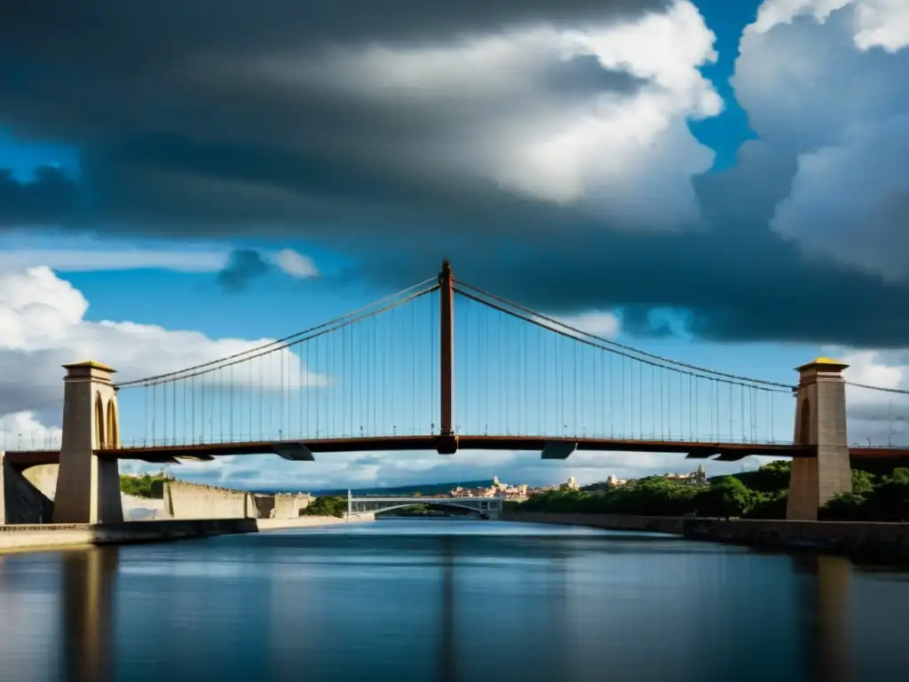 Recorrido virtual 3D Puente Espías: Detalles arquitectónicos del puente contra un cielo nublado, evocando la atmósfera histórica de la Guerra Fría