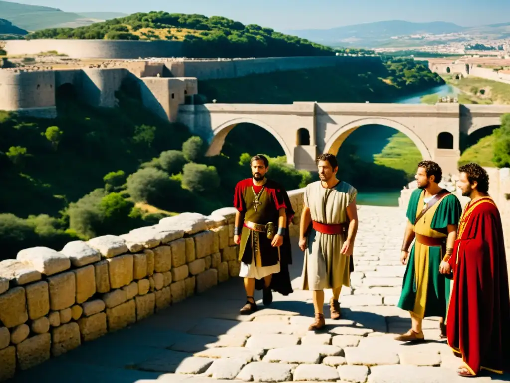 Recreaciones históricas Puente de Alcántara: Actores en atuendos romanos reenactúan escena histórica sobre el antiguo puente con paisaje de fondo