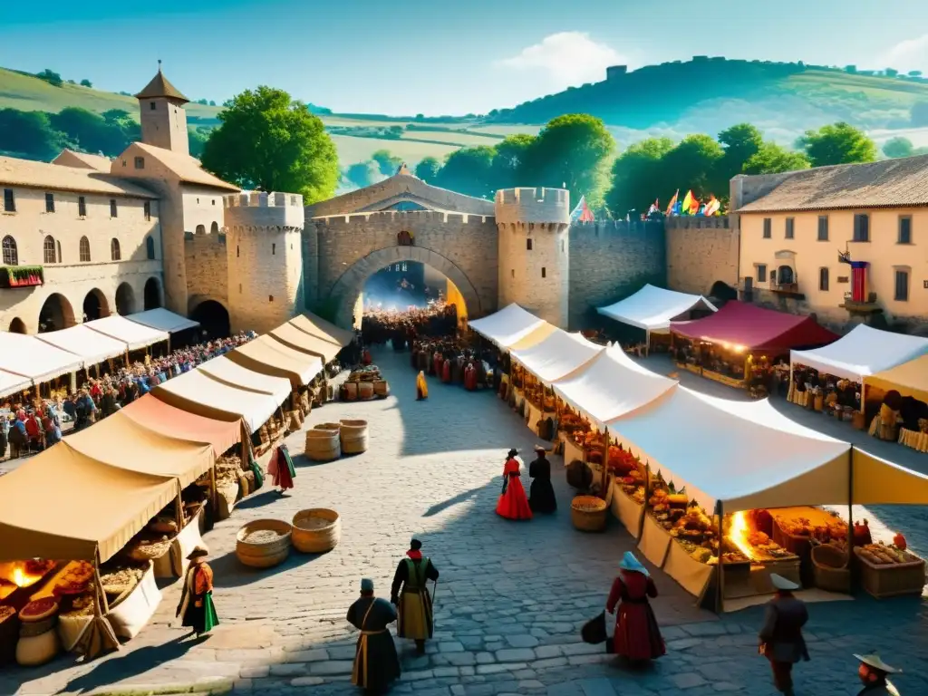 Recreaciones históricas en el Puente de Alcántara: un mercado medieval bullicioso con puestos coloridos y reenactores en trajes de época