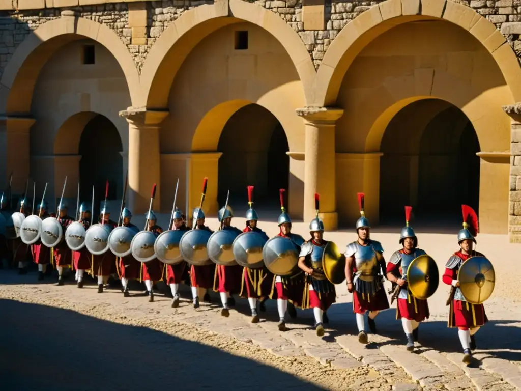 Recreaciones históricas en el Puente de Alcántara: soldados romanos marchando bajo el sol de la tarde, contrastando con la arquitectura antigua