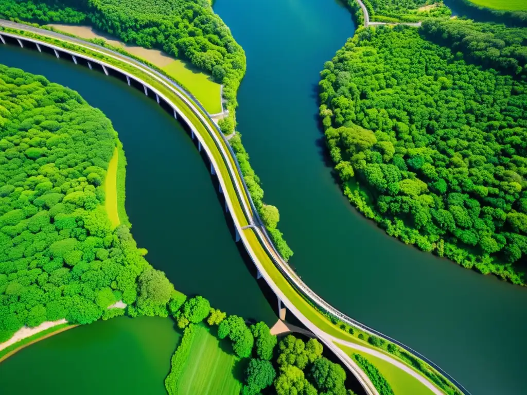 Una red de puentes se entrelaza sobre un río serpenteante en un paisaje verde