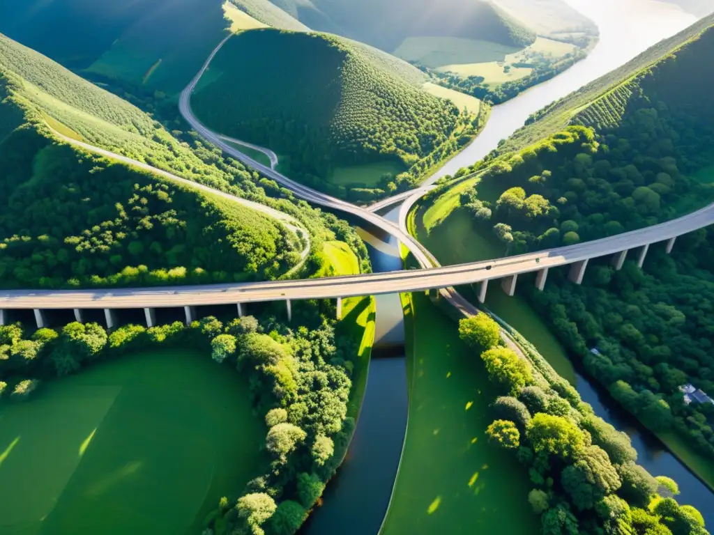 Red de puentes sobre un valle verde, prevención erosión suelo puentes