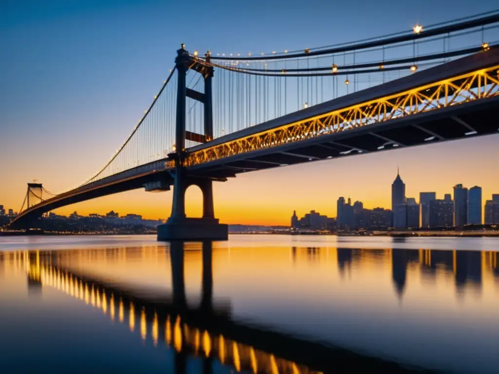 Reflectores resaltan arquitectura del puente al atardecer, reflejos vibrantes en el agua, juego de luces y sombras en un escenario urbano dinámico