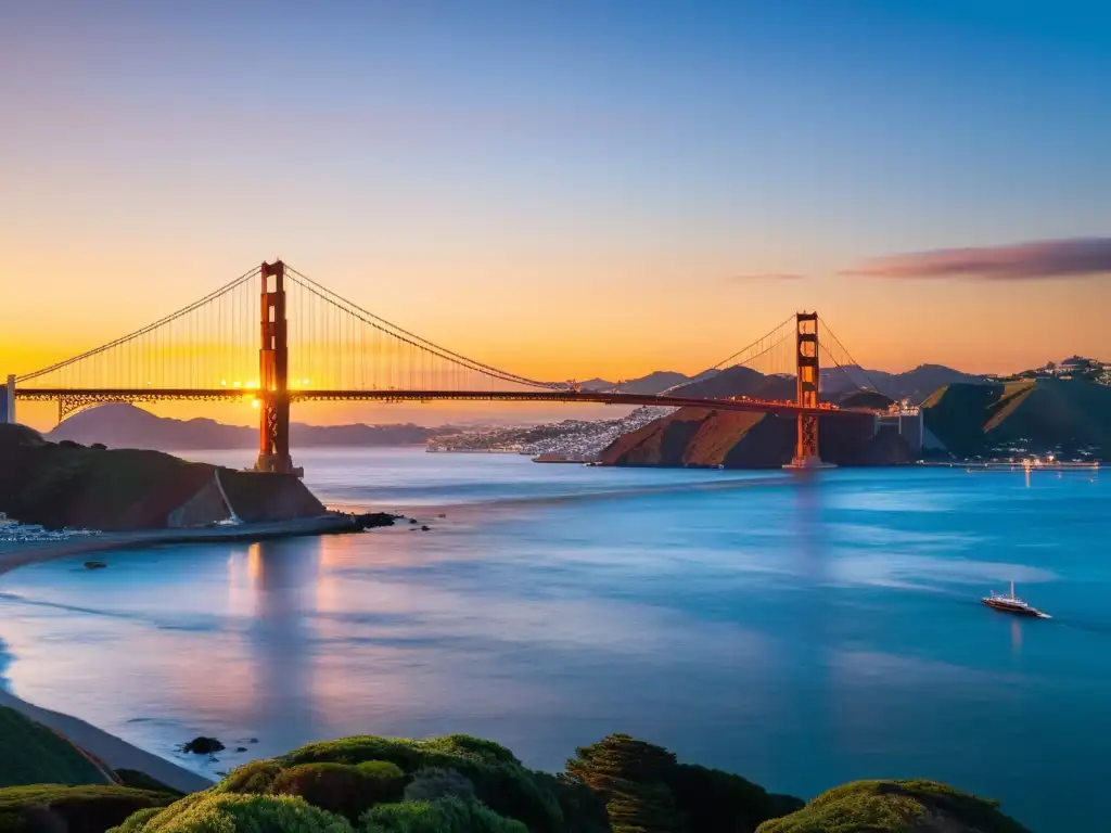 Un reflejo perfecto del icónico Puente Golden Gate al atardecer, simbolizando la conexión entre la literatura y la arquitectura