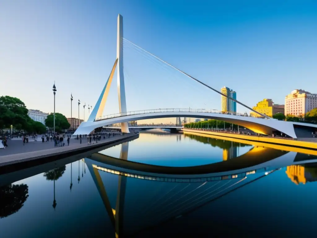 Reflejo del Puente de la Mujer en Buenos Aires, destacando su diseño moderno y asimétrico