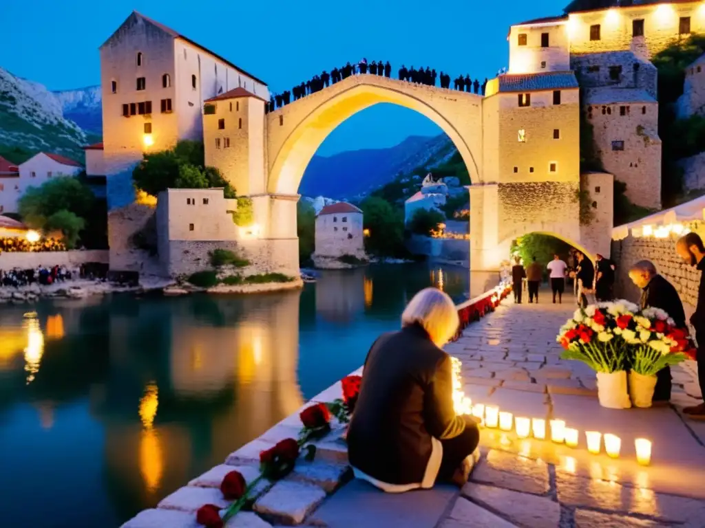 Residentes iluminan Puente de Mostar con velas y flores en emotivo evento conmemorativo, reflejando unidad y resiliencia comunitaria