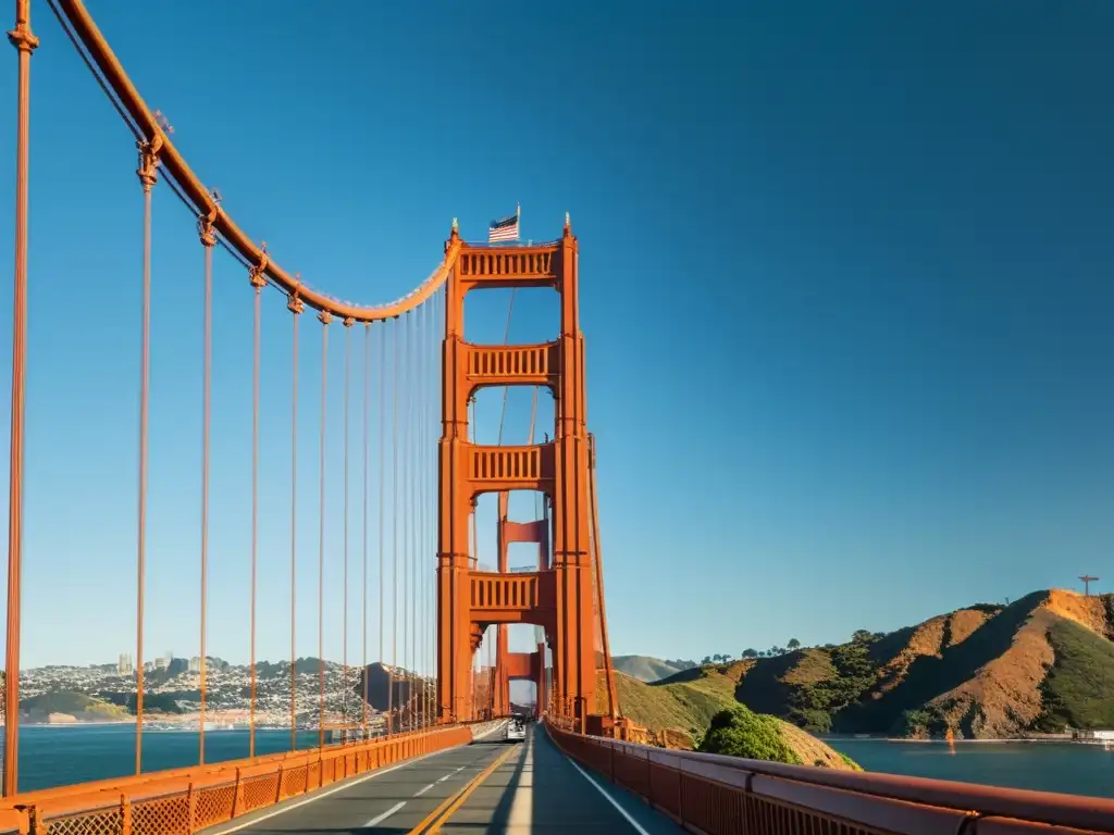 Fotografía en alta resolución del icónico puente Golden Gate, resaltando su grandiosidad y la física de puentes icónicos