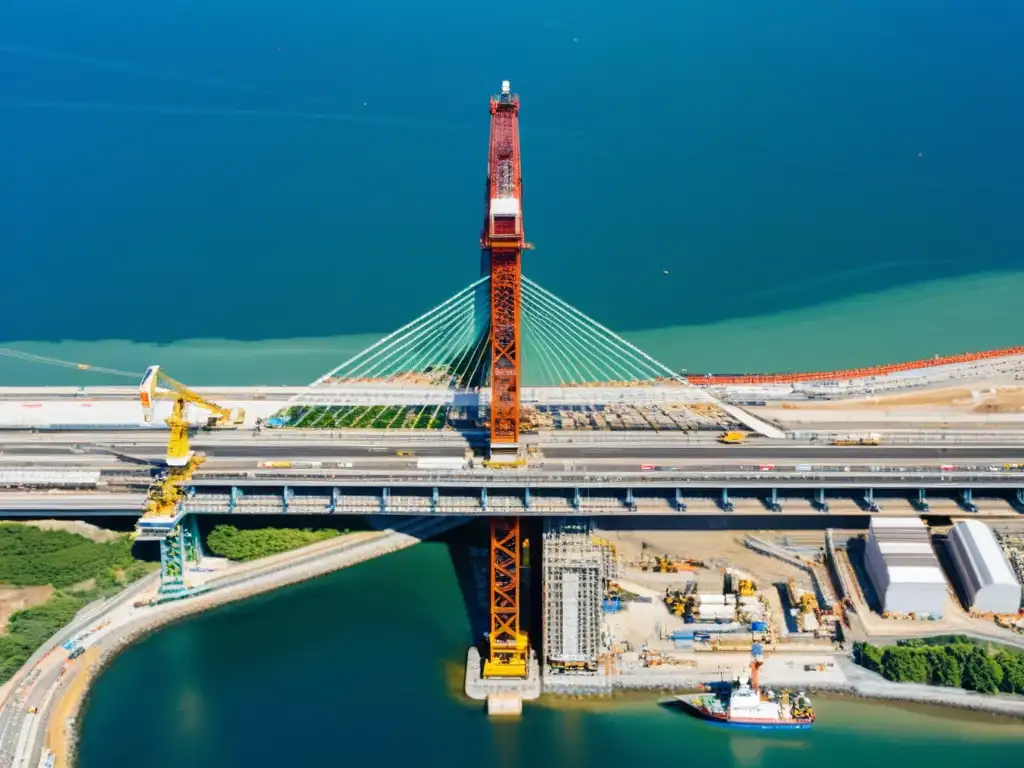 Fotografía aérea de alta resolución del impacto ambiental en la construcción del Puente Akashi Kaikyō sobre el vasto y profundo Estrecho de Akashi