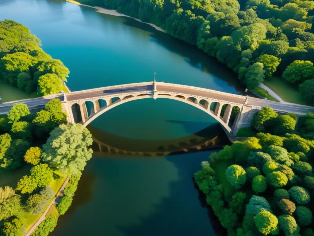 Restauración de puentes históricos con drones: Fotografía aérea de alta resolución mostrando detalles arquitectónicos, piedras envejecidas y entorno exuberante, bañados por la suave luz matutina