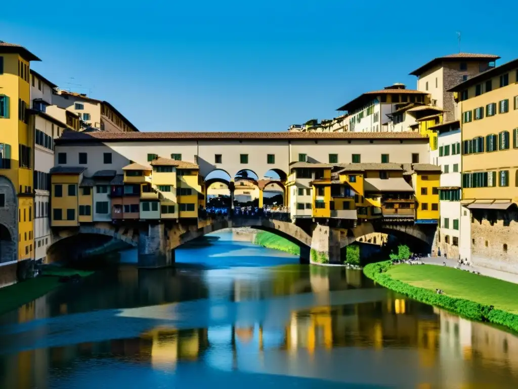 Un retrato detallado en 3D de la estructura del Ponte Vecchio en Florencia, resaltando la antigua arquitectura de piedra y madera