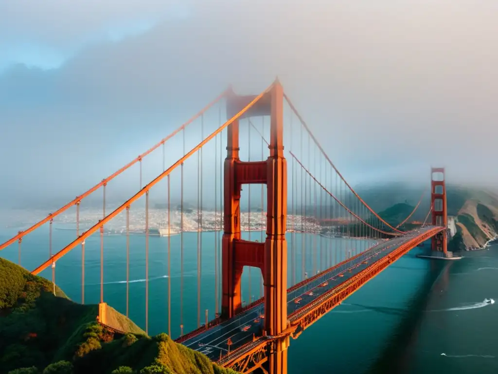 Un retrato detallado del puente Golden Gate en la niebla matutina, resaltando su grandiosidad e historia arquitectónica