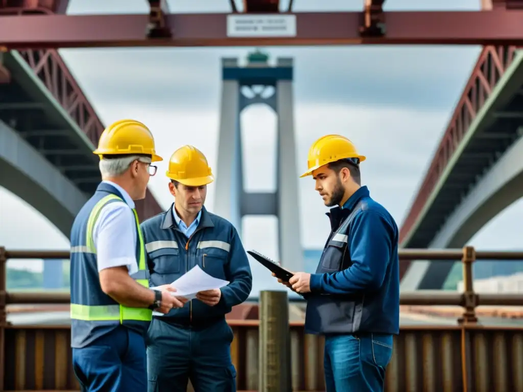 Un retrato impactante de ingenieros examinando detalladamente los intrincados componentes de un imponente puente, mostrando concentración y enfoque