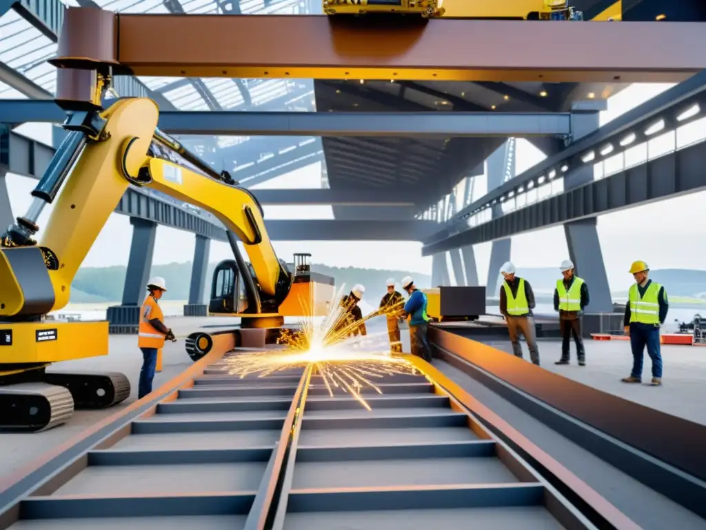 Robótica en la construcción de puentes: Robótica avanzada ensambla con precisión una imponente estructura de puente, mientras chispas vuelan