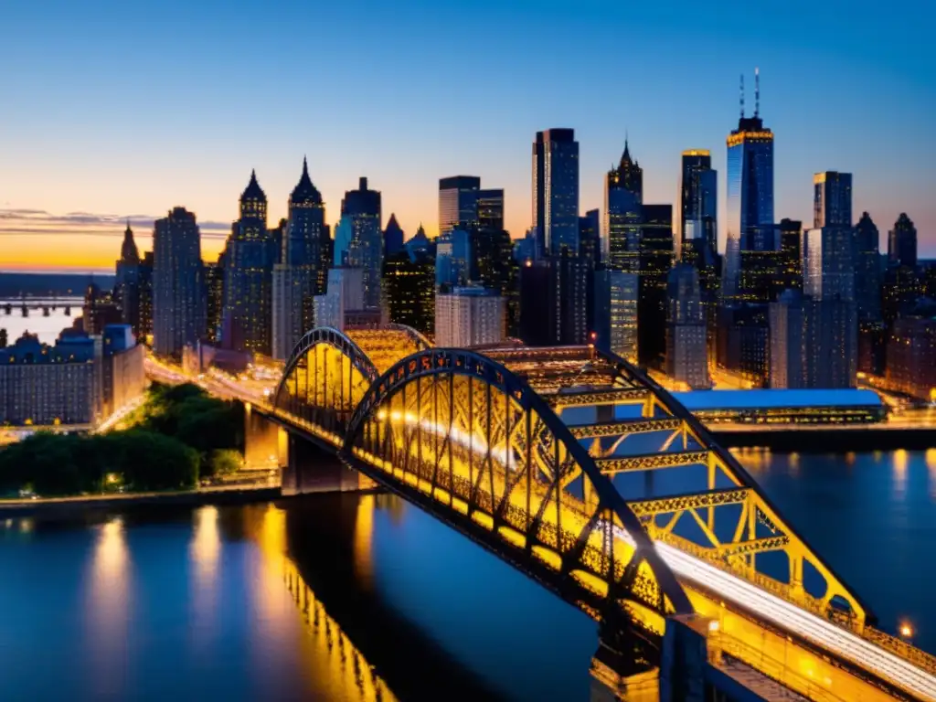 Romance eterno Puente de Queens: atardecer dorado sobre el puente en Nueva York, con la ciudad iluminada de fondo