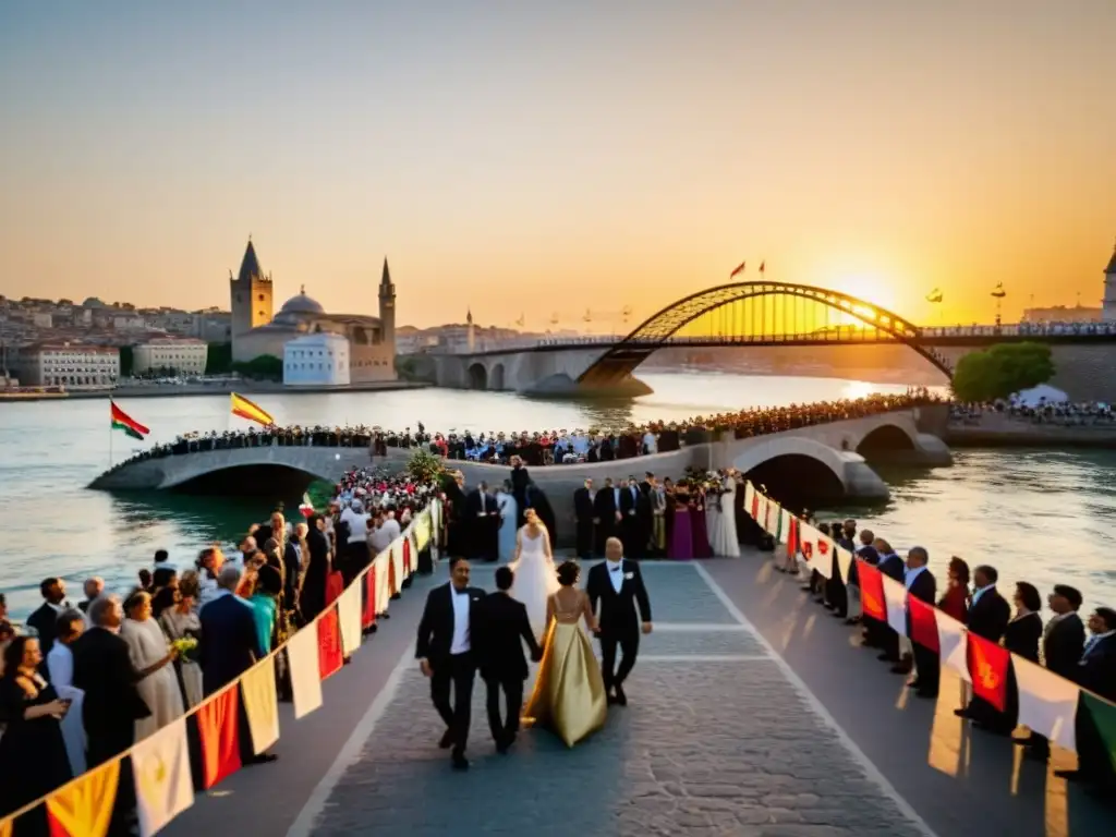 Una romántica boda internacional en el Puente Galata, con la pareja recién casada y sus invitados de diferentes culturas, capturando la esencia multicultural del lugar al atardecer