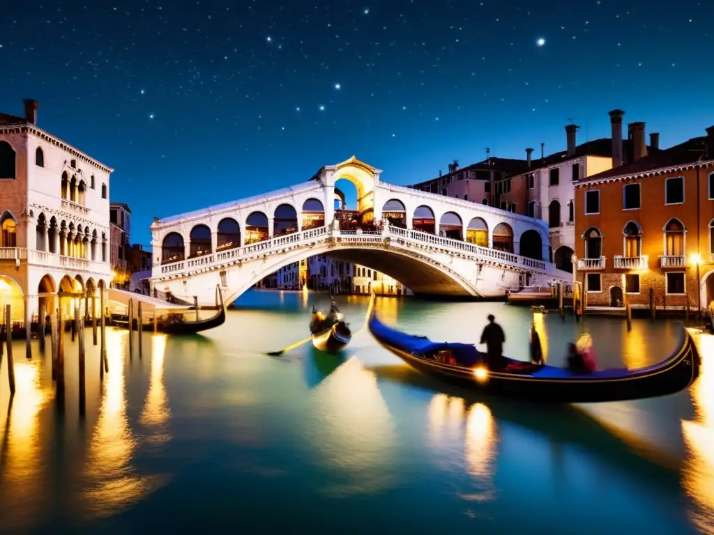 Romántica vista nocturna del Puente Rialto en Venecia, iluminado por la cálida luz de las farolas sobre el Gran Canal