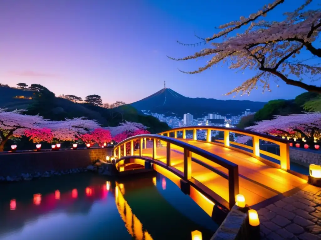 Romántico puente de los Enamorados en Japón, con cerezos en flor y parejas paseando, reflejando historias de amor y encanto en Japón