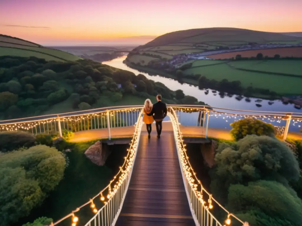 Un romántico puente iluminado al atardecer, ideal para propuestas inolvidables