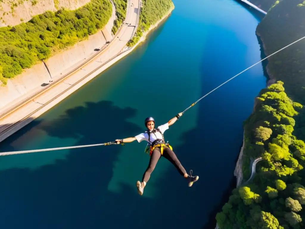 Salto bungee desde Puente Nueva Gales: Emocionante salto desde el puente con el río sereno abajo y el sol brillando en la estructura